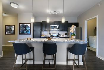 a kitchen with black cabinets and a marble counter top  at Watermark at Harvest Junction, Colorado, 80501